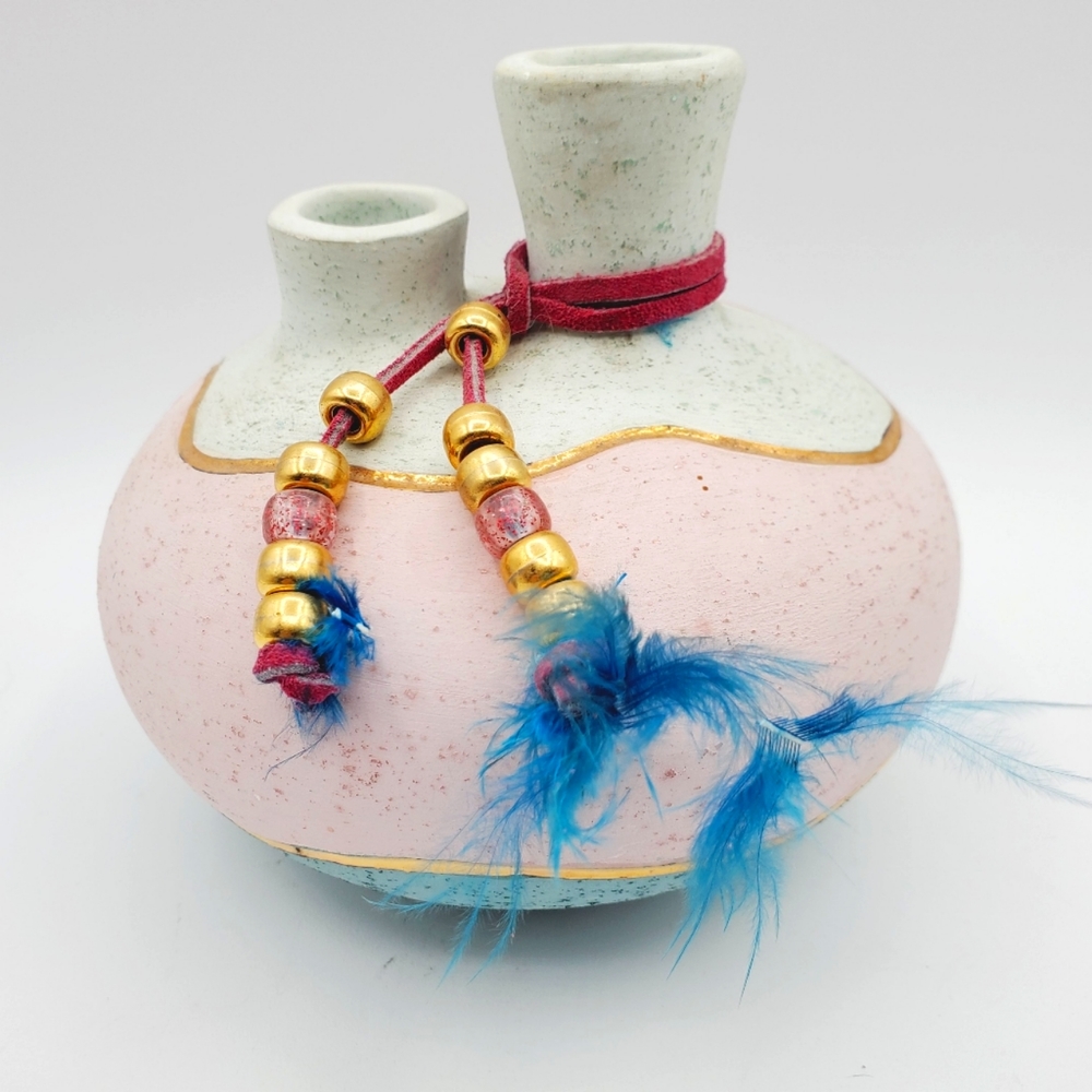 Southwest Two Spouted Jug/Cream/Pink/Aqua with Gold Trim
